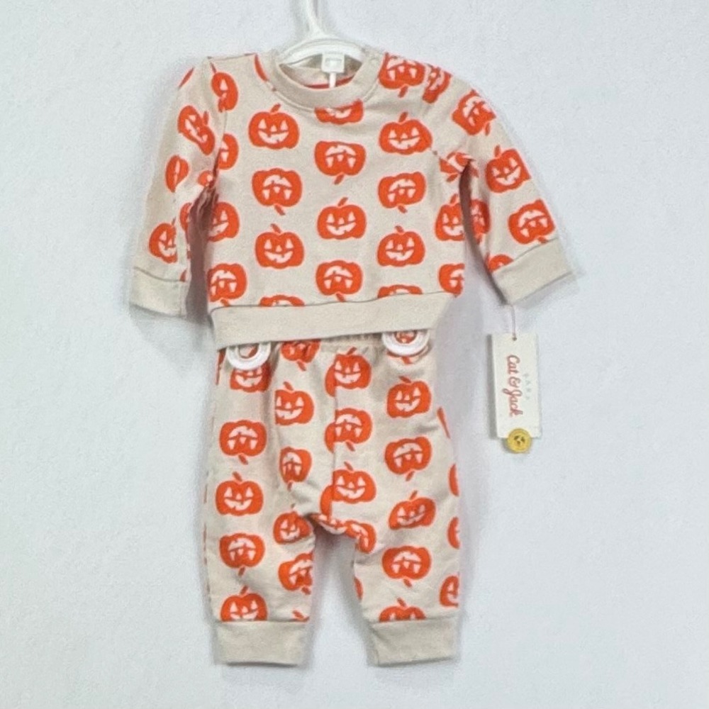 Cat & Jack Baby 0-3M Halloween Pumpkin Sweatshirt Pants 2 Piece Set